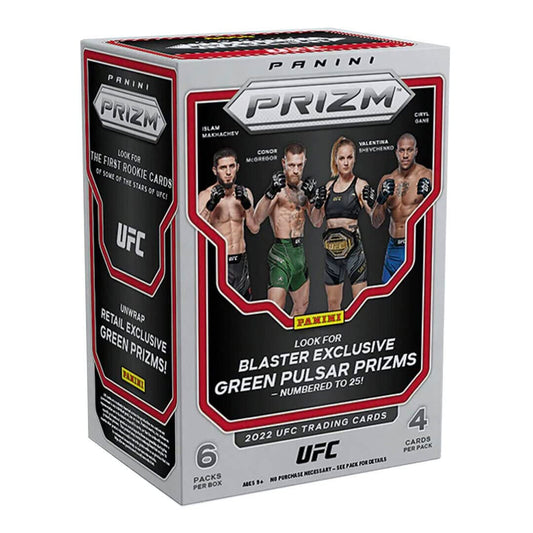 2022 Panini prizm UFC Blaster Box Experience the excitement of opening a 2022 Panini prizm UFC Blaster Box! Discover the thrill of finding your favorite fighters in stunning, vivid colored Prizm cards and chase rare inserts. Unleash ultimate MMA collectible fun with you and your friends!