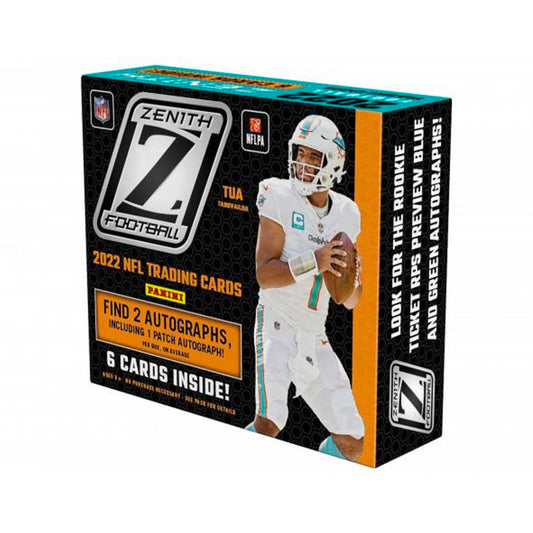 2022 Panini Zenith Football Hobby Box Open a 2022 Panini Zenith Football Hobby Box and get ready to experience the thrill of unwrapping 1 pack of the newest football cards! Each box contains 1 pack inside for you to explore, with each one containing six cards that could be a rare and valuable autograph, jersey, or relic card. Collect the newest stars and legends of the game!