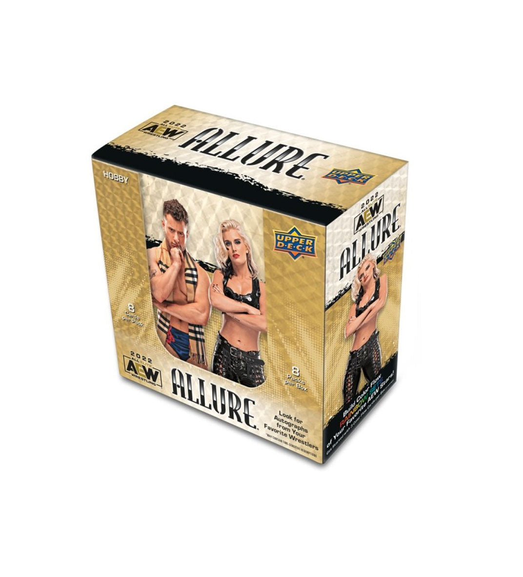 Discover the thrill of collecting with the 2022 Upper Deck Allure AEW Hobby Box! This box contains 8 packs with 8 cards in each, including autographs and rare cards. Take your collection to the next level with this eye-catching box!