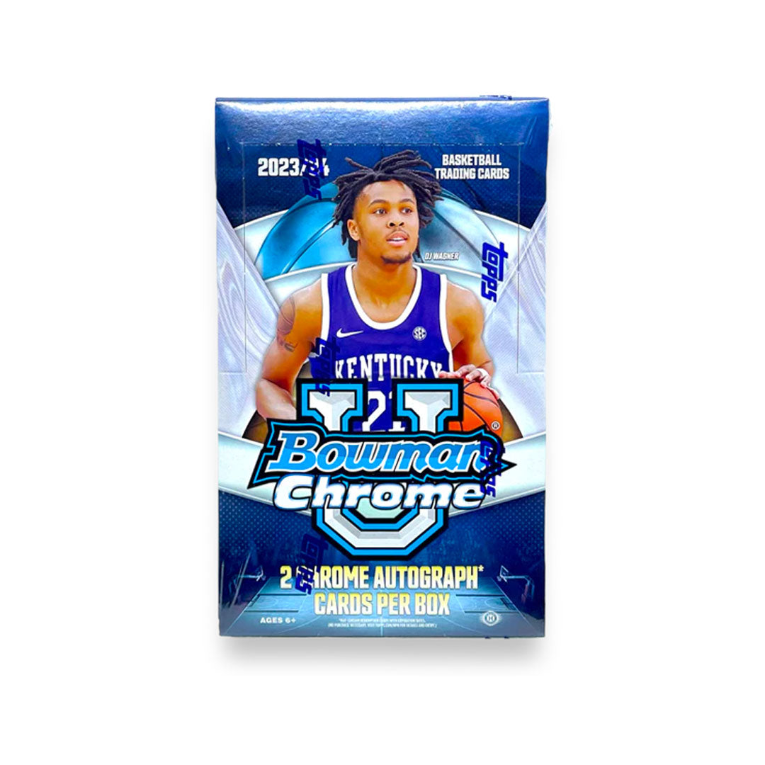 2023-24 Bowman Chrome University Basketball Hobby Box "Experience the thrill of collecting the future stars of basketball with the 2023-24 Bowman Chrome University Basketball Hobby Box. Discover top prospects and potential breakout players in each box, making this a must-have for any basketball fan or collector. Get yours now and start building your collection today!"