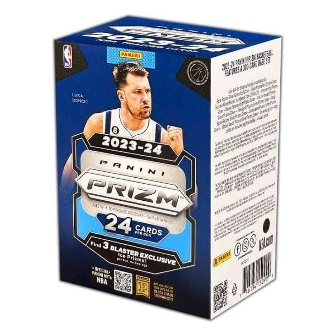 Experience the thrill of the game with the 2023-24 Panini Prizm Basketball Blaster Box! This high-quality box features all the latest cards from top players, providing endless excitement and potential value. Perfect for any basketball fan or collector, don't miss out on this must-have product!