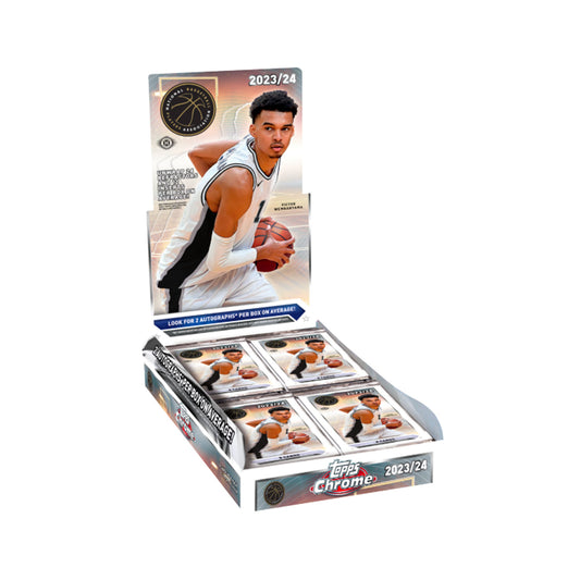 Experience the thrill of collecting with the 2023-24 Topps Chrome Basketball Hobby Box! With its high-quality chrome finish, this box is perfect for any basketball fan. Add these cards to your collection and watch them shine on display. Don't miss out on the action and get your box today!