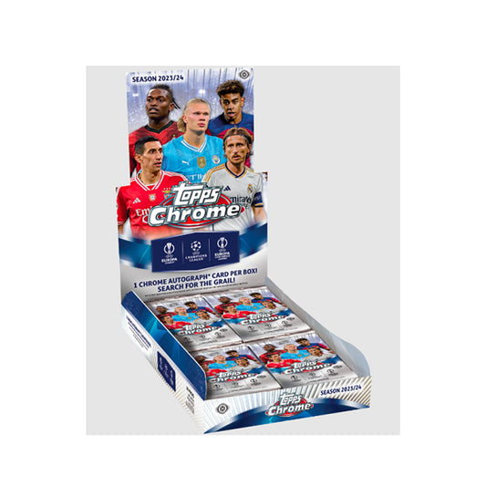 Ignite your passion for soccer with the 2023-24 Topps Chrome UEFA Club Competitions Soccer Hobby Box! Revel in the stunning visuals and thrilling matches of Europe's top clubs. Experience the excitement of collecting and trading these premium cards, featuring your favorite players and teams. Score big with this must-have for any soccer fan!