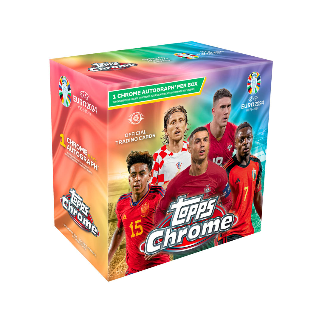 Gain a competitive edge with the 2023-24 Topps Chrome UEFA EURO Soccer Hobby Box. Experience the thrill of collecting top European football players' trading cards. Each box includes a guaranteed autograph card and the opportunity to score rare refractor parallels. Elevate your collection and game with this premium hobby box.