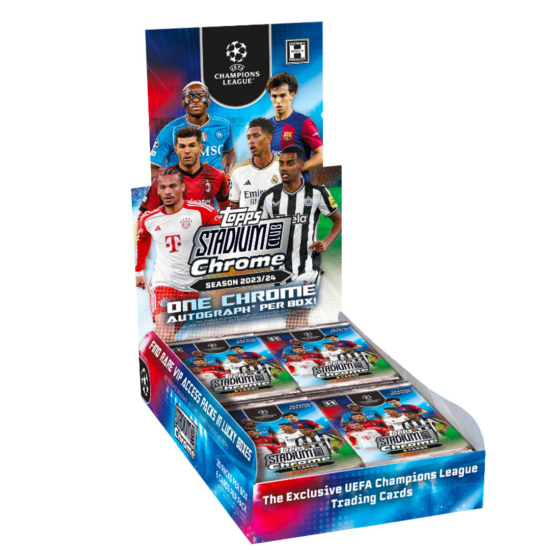 From the famous Topps UEFA series comes the Chrome Soccer Hobby Box, delivering stunning visuals and exclusive player cards. Featuring premium card stock, find the best players from top clubs in the world. Don't miss out on the most coveted collector's item for 2023-24!