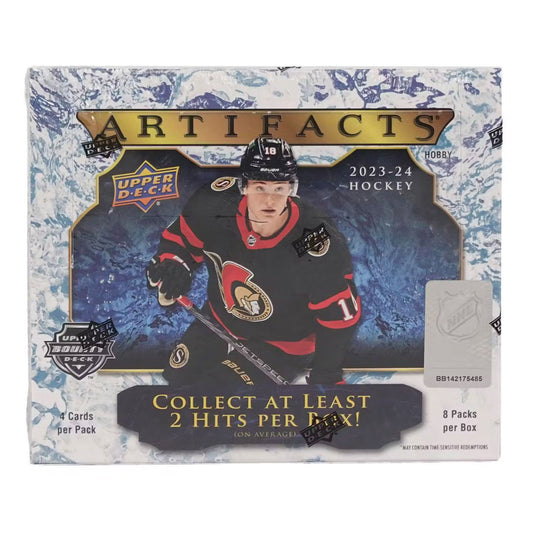 2023-24 Upper Deck Artifacts Hockey Hobby Box Experience the thrill of collecting with the 2023-24 Upper Deck Artifacts Hockey Hobby Box! With every box, you'll find unique and exciting cards from the latest roster of hockey superstars. From autographed cards to game-worn relics, you'll discover the true value of the sport in every pack. Don't miss out on this must-have for any avid hockey fan!