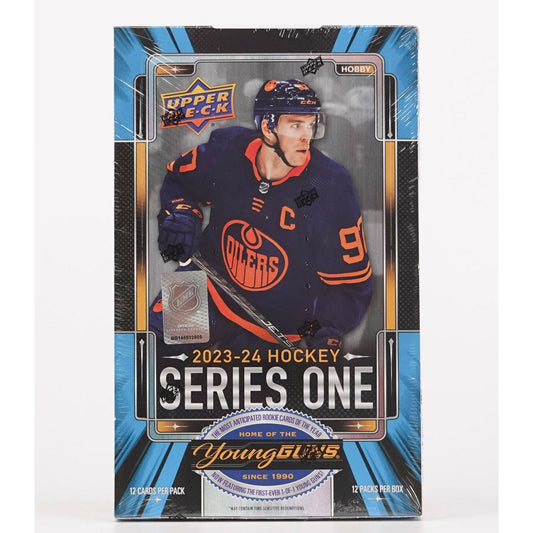 2023-24 Upper Deck Series One Hockey Hobby Box Be part of history with the 2023-24 Upper Deck Series One Hockey Hobby Box! Featuring rare and exclusive cards, this collector's set is a must-have for Hockey fans! With each box containing 12 packs of 12 cards each, you'll have plenty of chances for high value inserts and special inserts. Get your box today and join the sports memorabilia hobby!
