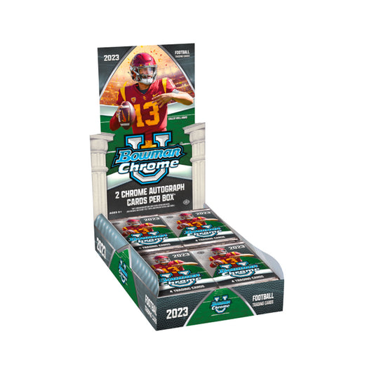 2023 Bowman Chrome University Football Hobby Box Experience the thrill of collecting the future stars of the NFL with the 2023 Bowman Chrome University Football Hobby Box! Loaded with one autograph and two chrome parallels per box, this box is guaranteed to deliver collector-grade excitement! Get your box today!
