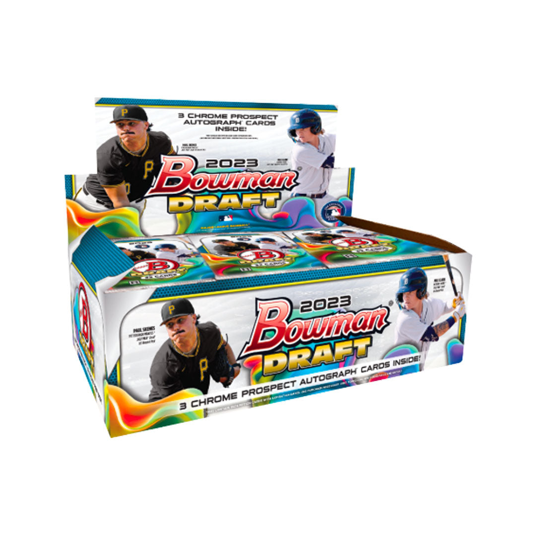 2023 Bowman Draft Baseball Jumbo Hobby Box Experience the thrill of 2023 Bowman Draft Baseball with this Jumbo Hobby Box! Each box is packed with 12 packs, 32 cards per pack, and the chance to find 3 autographs. Discover the stars of tomorrow today!