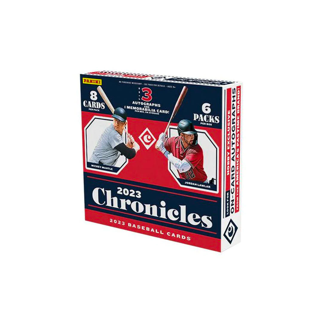 2023 Panini Chronicles Baseball Hobby Box Feel the excitement of opening a 2023 Panini Chronicles Baseball Hobby Box! A must-have for fans and collectors alike, unearth 3 Autographs a box that'll bring the thrills with each break. Dive into the energy of the game and discover amazing cards!