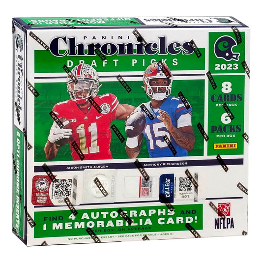 2023 Panini Chronicles Draft Picks Football Hobby Box Score the best of 2023 NFL draft picks with the Panini Chronicles Draft Picks Football Hobby Box. Featuring 6 packs of 8 cards, this box is packed with hits, including autographs and memorabilia, guaranteed! Get ready for the draft with Panini Chronicles.