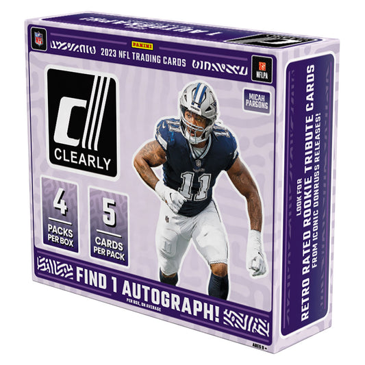 Discover the ultimate football collection with the 2023 Panini Clearly Donruss Football Hobby Box! Experience top-quality cards and stunning designs, featuring the biggest names in the game. Unleash your passion for football with this must-have box.