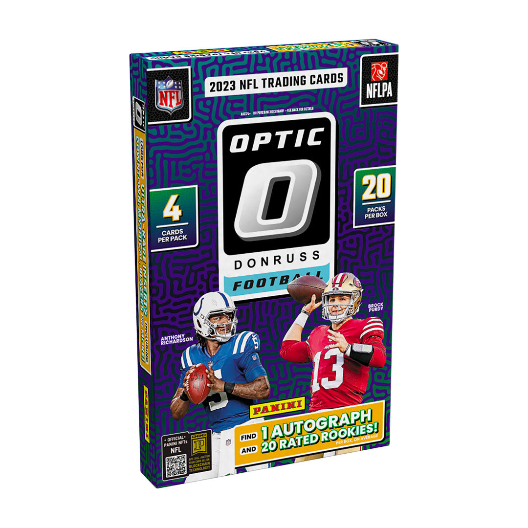 Discover the thrill of the 2023 Panini Donruss Optic Football Hobby Box! Unwrap a world of potential benefits with each pack, including exclusive rookie cards, autographs, and more. This box is a must-have for any football fan looking to add excitement to their collection. Get yours now!