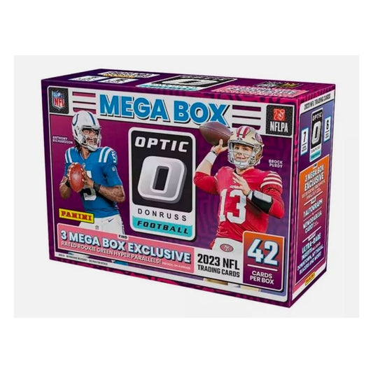 Be ready for the ultimate football experience with the 2023 Panini Donruss Optic Football Mega Box! Packed with exclusive features, this box includes rare cards, autographs, and more. Take your collection to the next level and dominate the game like never before. Don't miss out on this must-have for any football fan!