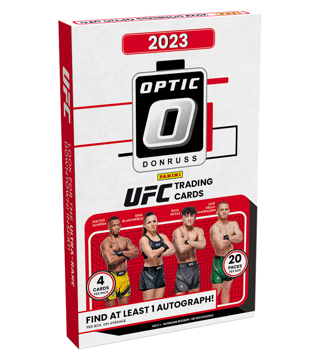 2023 Panini Donruss Optic UFC Hobby Box Feel the excitement of UFC action with the 2023 Panini Donruss Optic Hobby Box! This box contains 20 exclusive packs of Optic trading cards, with 1 autograph per box. Prepare to be amazed by the foil and acetate cards of your favorite UFC stars! Experience the thrill of collecting each season!