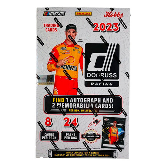 2023 Panini Donruss Racing Hobby Box Discover the thrill of the race with the 2023 Panini Donruss Racing Hobby Box! Unwrap 24 packs of cards with 8 cards in each, and go on an adrenaline-fueled journey to find the rarest and most valuable cards. Every card packs tons of action, making it the perfect present for any racing fan!