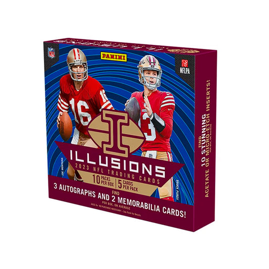 Immerse yourself in the excitement of the game with our 2023 Panini Illusions Football Hobby Box! Featuring the latest and greatest players and teams, this box is sure to ignite your passion for football. Collect rare cards and experience the thrill of the chase. Don't miss out on this must-have for any true football fan!