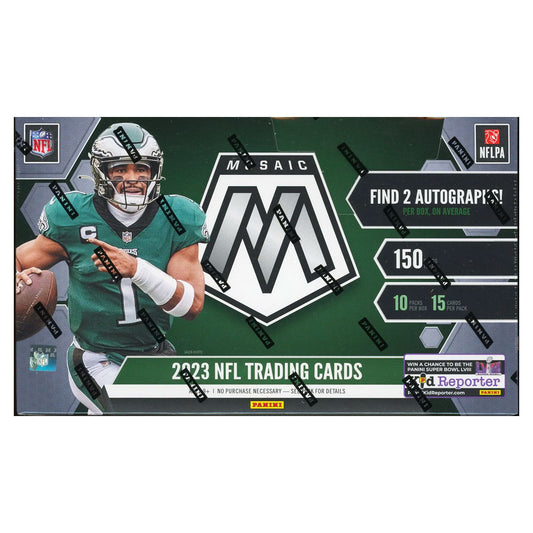 2023 Panini Mosaic Football Hobby Box Start your football season off with an amazing surprise! The 2023 Panini Mosaic Football Hobby Box features an exciting array of rookie cards, autographs, relics, and parallels. Get the ultimate collector's set and enjoy the thrill of opening new boxes every week.