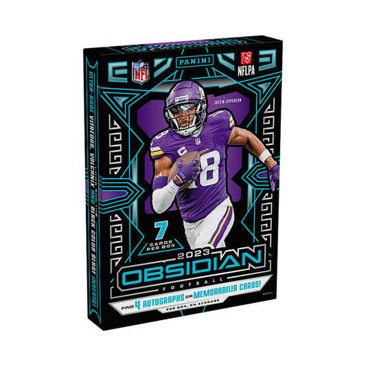 Experience the thrill of opening the 2023 Panini Obsidian Football Hobby Box! This box is packed with exciting features, including rare and exclusive cards and stunning designs. With each pack, you'll feel the rush of discovering new treasures and adding to your collection. Don't miss out on this must-have for any football fan!