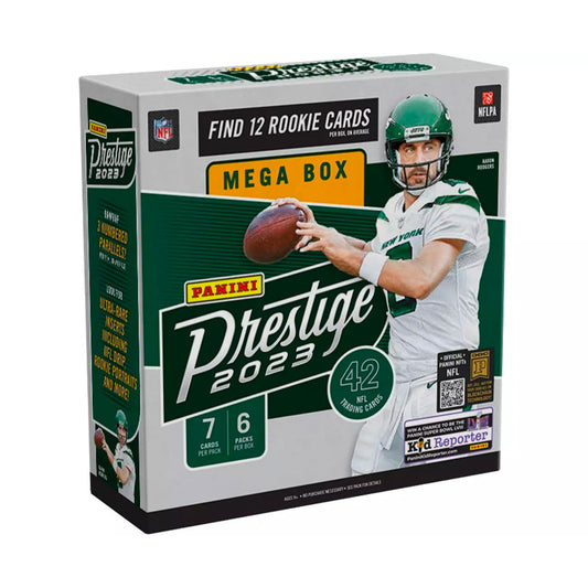2023 Panini Prestige Football Mega Box Experience the thrill of the 2023 Panini Prestige Football Mega Box. With each box, you'll receive a collection of exclusive cards featuring top players from the upcoming season. Don't miss out on the excitement and start your collection today!