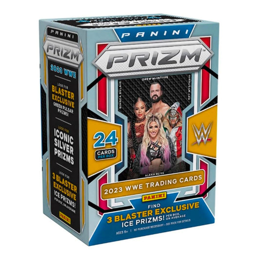 2023 Panini Prizm WWE Blaster Box Experience the ultimate WWE collectible with the 2023 Panini Prizm WWE Blaster Box! This amazing product features 6 packs of high-end WWE cards, including rare autograph and relic cards, plus one special WWE Prizm card! Get ready to be amazed by the excitement and collectible value this product offers!
