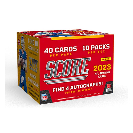 2023 Panini Score Football Hobby Box Unbox 2023 Score Football, and experience unparalleled passion and excitement! This Hobby Box is packed with potential, with 10 packs of 40 cards each, giving you the chance to get your hands on a thrilling new collection of football stars and legends. Enjoy all the intensity of the game from the comfort of your home!