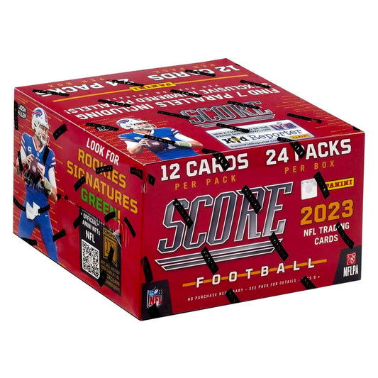 2023 Panini Score Football Retail Box Dive into the gridiron action with the 2023 Panini Score Football Retail Box! Each box includes 24 packs, each containing 12 cards, to help build your collection of the greatest NFL superstars. Fill your roster with the best of the best and get ready for a thrilling season of football!