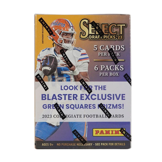 2023 Panini Select Draft Picks Football Blaster Box Open the door to a new football season with this 2023 Panini Select Draft Picks Football Blaster Box. With each box, you are guaranteed 5 packs with 6 cards per pack. Every card is made with the highest-quality materials, ensuring each collectible is a timeless piece of memorabilia.