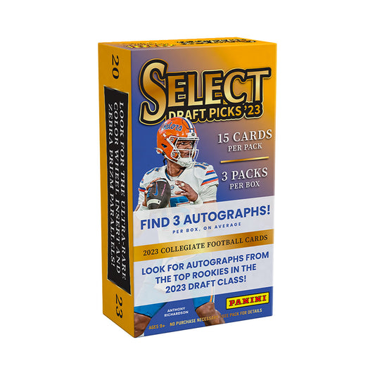 2023 Panini Select Draft Picks Football Hobby Box Unlock the excitement of the 2023 NFL Draft with the 2023 Panini Select Draft Picks Football Hobby Box! Enjoy three guaranteed autographs per box, plus an array of die-cut inserts and more. Get in on the action now and prepare to experience the thrill of the draft!
