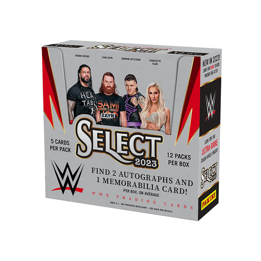 2023 Panini Select WWE Hobby Box The 2023 Panini Select WWE Hobby Box is the perfect choice for WWE fans. With 12 packs in every box, there’s something for everyone – plus 1 autograph or memorabilia card in every pack! So don’t miss out on this amazing box and support your favorite wrestlers today!
