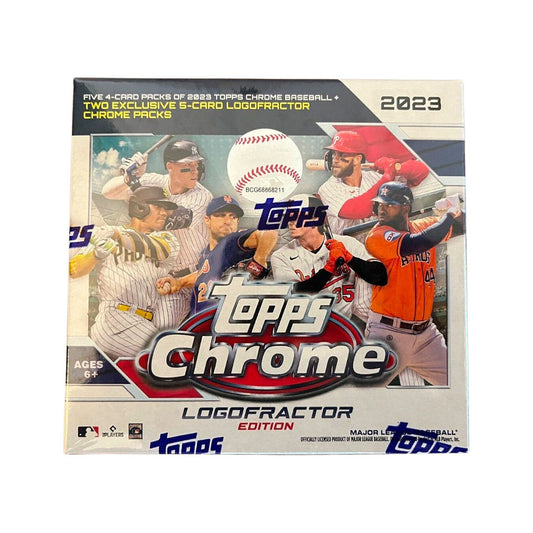 2023 Topps Chrome Baseball Logofractor Edition Box Experience the thrill of collecting with the 2023 Topps Chrome Baseball Logofractor Edition Box! Featuring stunning Logofractor technology, this box offers a unique and visually appealing way to display your favorite baseball cards. With potential benefits of increased value and one-of-a-kind collectibles, this box is a must-have for any avid collector looking to elevate their collection. Don't miss out on this exclusive edition!