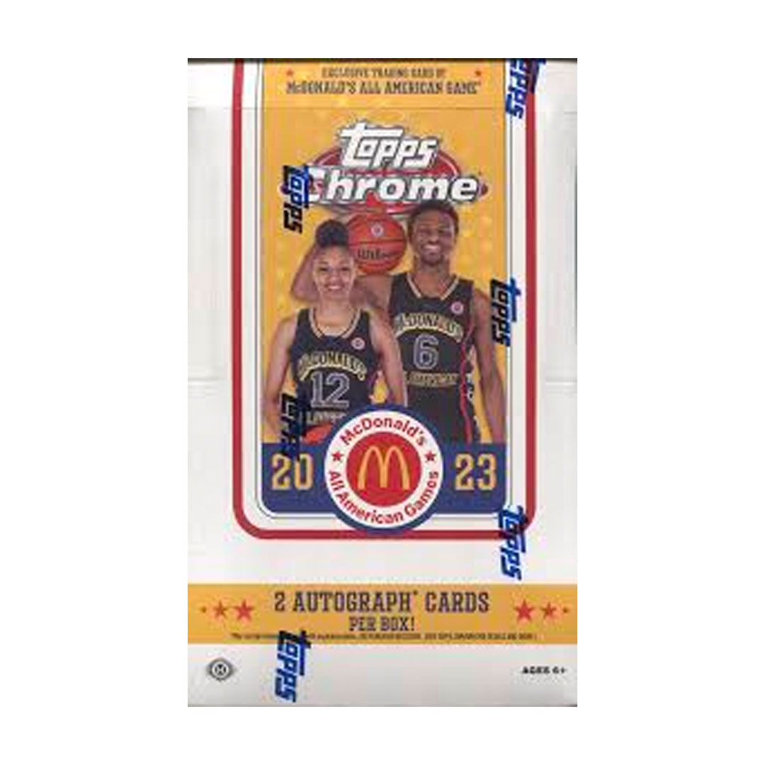 2023 Topps Chrome McDonalds All American Basketball Hobby Box The 2023 Topps Chrome McDonalds All American Basketball Hobby Box brings the excitement of the court to your collector's shelf. Enjoy the thrill of opening a box of shimmering chromium cards, each packed with unique player images and stats. Add this exclusive box to your collection today!