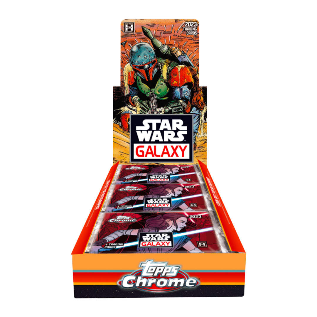 2023 Topps Star Wars Chrome Galaxy Hobby Box Unlock the Jedi within with the 2023 Topps Star Wars Chrome Galaxy Hobby Box. Feel the force as you explore 18 packs, each containing 4 chrome cards of the galaxy's greatest characters! Add your favorite stars to the collection and let your imagination soar. Make it happen - the galaxy awaits!