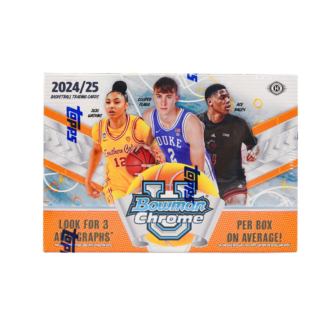 Unlock the excitement of college basketball with the 2024-25 Bowman Chrome University Basketball Breakers Delight Box. Packed with high-quality cards featuring top rookies, star players, and exclusive inserts, this box offers collectors a thrilling chance to elevate their collection. Whether you're chasing rare parallels or standout autographs, this set delivers premium content designed to captivate every basketball fan and card enthusiast. Don’t miss your opportunity to grab some of the season’s most sough