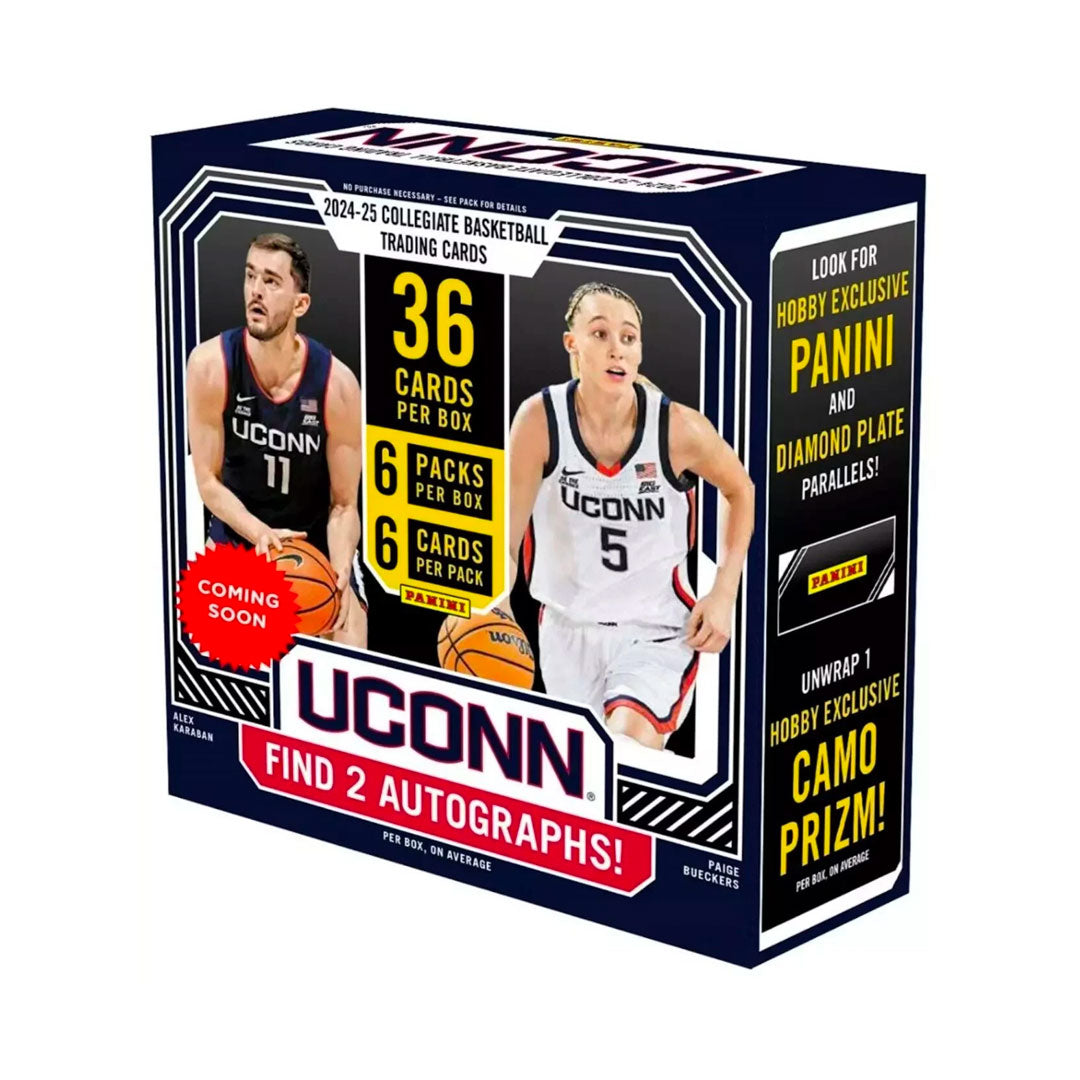 Discover the excitement of college basketball with the 2024-25 Panini UCONN Collegiate Basketball Hobby Box. Packed with exclusive cards featuring top UCONN players, this box offers collectors a chance to find rare inserts, autographs, and memorabilia cards. Perfect for fans and collectors alike, it delivers thrilling moments and valuable additions to your collection. Don’t miss your chance to own a piece of UCONN basketball history.