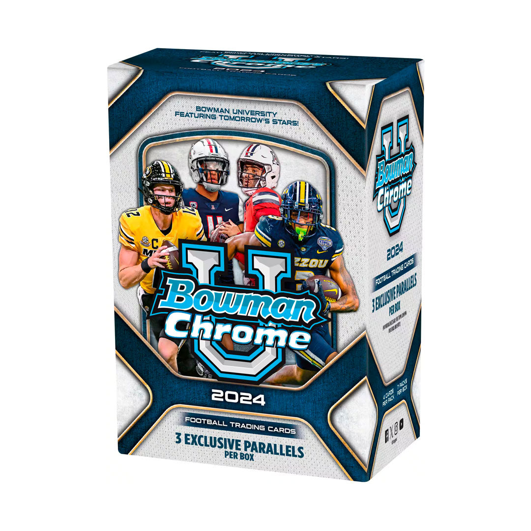 This 2024 Bowman Chrome University Football Blaster Box is perfect for any football fan or collector looking for top-of-the-line cards. With a high-quality chrome finish and featuring top university players, this box offers a unique and valuable addition to any collection. Don't miss out on the opportunity to own these exclusive cards.