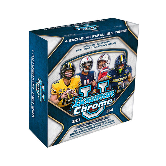 Discover the future of football with the 2024 Bowman Chrome University Football Mega Box. This premium box is packed with top prospects and future stars from the university level, providing a glimpse into the talent of tomorrow. With 24 packs per box and a variety of exclusive inserts and parallels, this is a must-have for any football fan or collector.