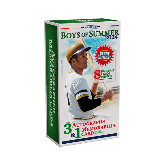 Experience the nostalgia and excitement of America's favorite pastime with the 2024 Panini Boys of Summer Baseball Hobby Box. This must-have collection features a variety of cards showcasing top players and classic moments. Perfect for fans and collectors alike, it's a home-run addition to any collection.