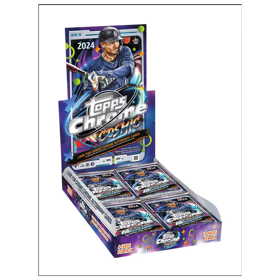 Unlock a world of cosmic potential with the 2024 Topps Chrome Cosmic Baseball Hobby Box. This exclusive box offers top-of-the-line Chrome technology for an out-of-this-world card collecting experience. With a limited edition Cosmic design and premium cards, this box is perfect for any baseball enthusiast looking to elevate their collection.