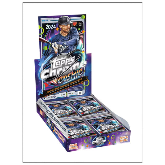 Unlock a world of cosmic potential with the 2024 Topps Chrome Cosmic Baseball Hobby Box. This exclusive box offers top-of-the-line Chrome technology for an out-of-this-world card collecting experience. With a limited edition Cosmic design and premium cards, this box is perfect for any baseball enthusiast looking to elevate their collection.