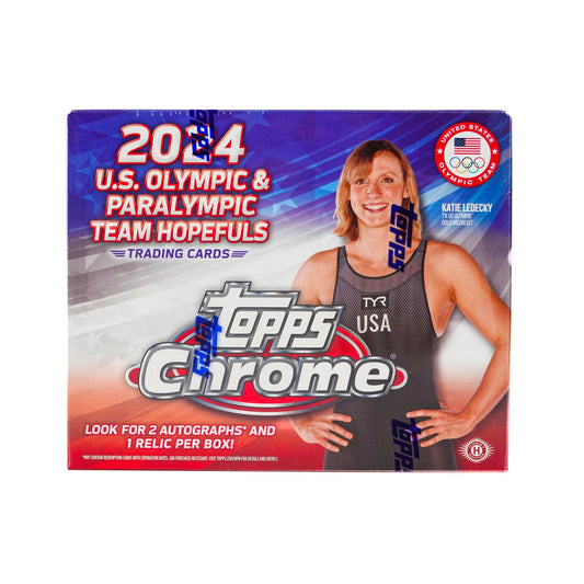 Introducing the 2024 Topps Chrome U.S. Olympic &amp; Paralympic Hopefuls Hobby Box! Discover the best and brightest stars of the future, with a chance to collect exclusive autograph cards and limited edition inserts. Join in on the excitement and cheer on the next generation of athletes on their journey to the podium!