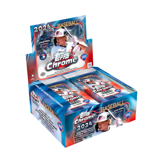 As a trusted provider of quality sports cards, Topps presents the 2024 Topps Chrome Update Series Baseball Jumbo Box. Featuring premium chrome technology and updated player sets, this box offers collectors the chance to own exclusive, high-demand cards. Experience the thrill of the game with Topps Chrome.