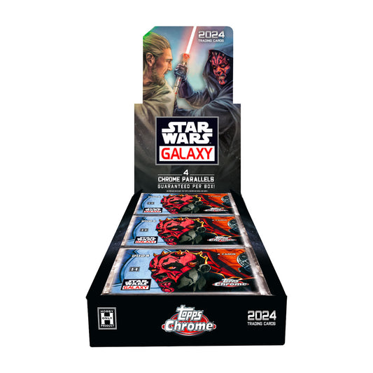 Experience a galaxy far, far away with the 2024 Topps Star Wars Chrome Galaxy Hobby Box. With stunning chrome designs and exclusive inserts, this box is perfect for collectors and fans alike. Plus, snag a chance at rare, numbered autographs from Star Wars actors. Add this box to your collection today!