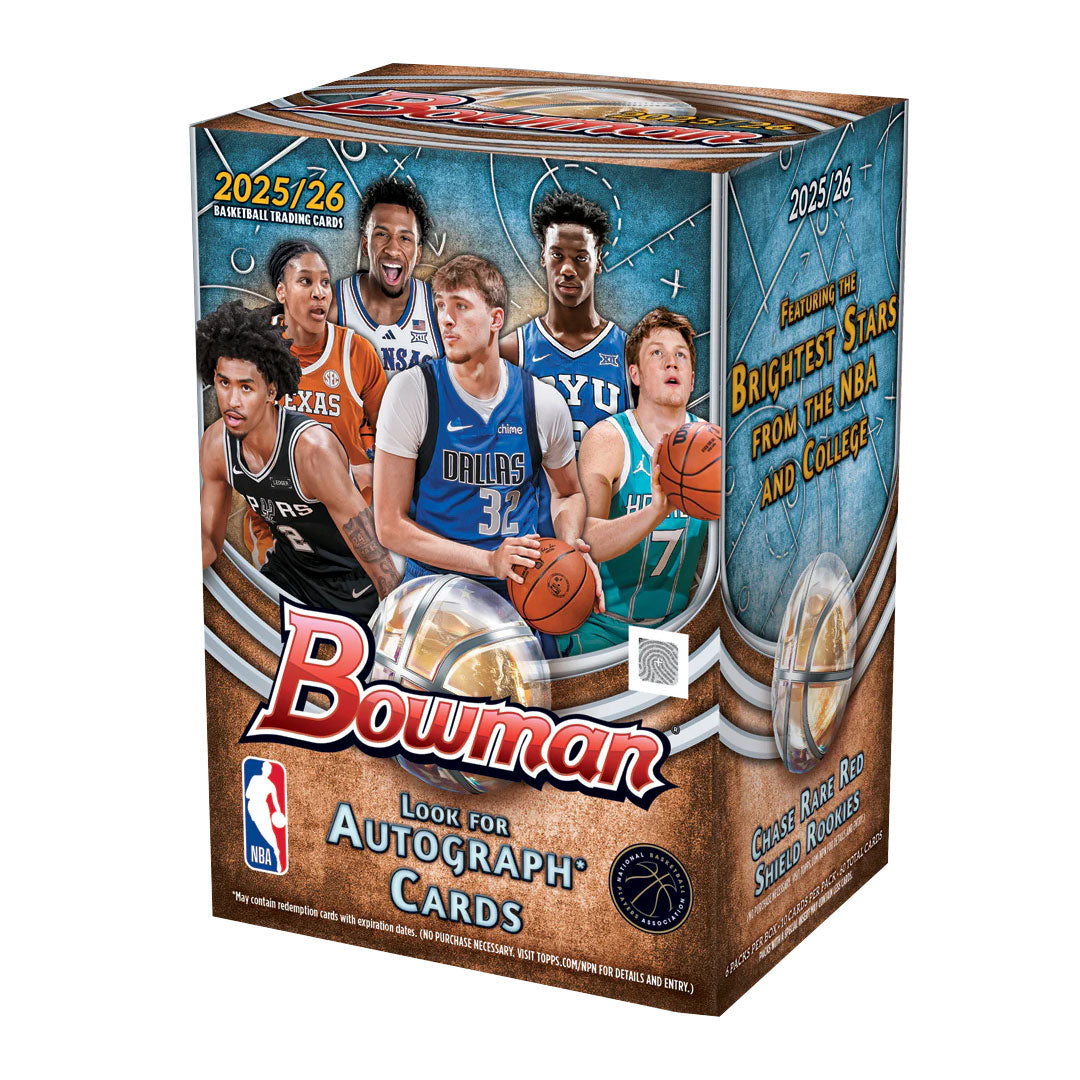 Pull the latest rookie cards and chase hits from the 2025-26 Bowman Basketball Blaster Box. Each box delivers multiple packs packed with autographs, parallels, and premium inserts featuring the season's hottest prospects and established stars. Perfect for collectors building sets or hunting for breakout rookie sensations. Rip with confidence and discover your next prized addition to your basketball card collection.