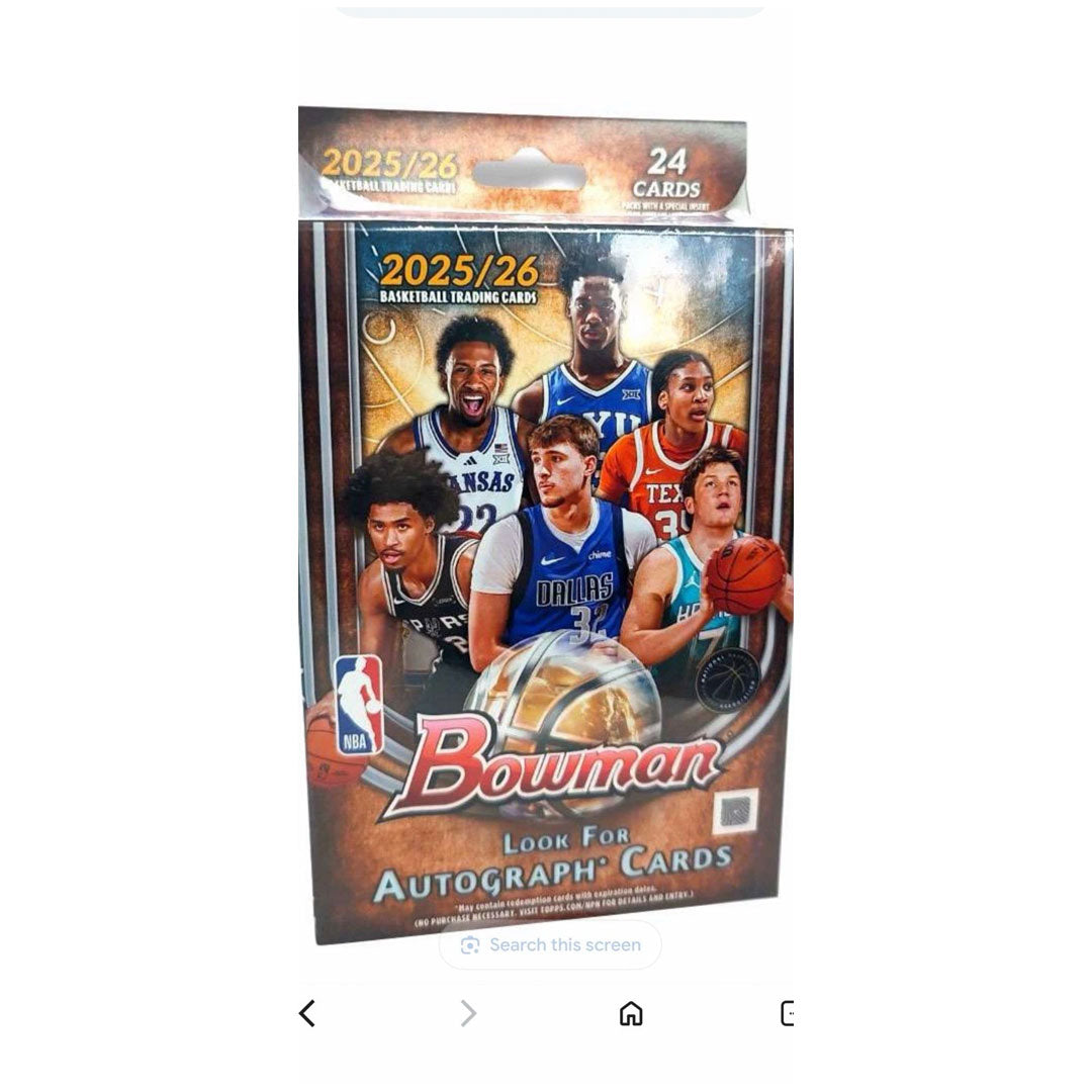 Collect the hottest rookie cards and prospects with the 2025-26 Bowman Basketball Hanger Box. Each box delivers premium trading cards featuring the next generation of NBA stars, with multiple packs of authentic Bowman cards. Perfect for collectors and fans looking to build their collection with exclusive designs and chase cards. Ideal for display or trading with fellow enthusiasts.