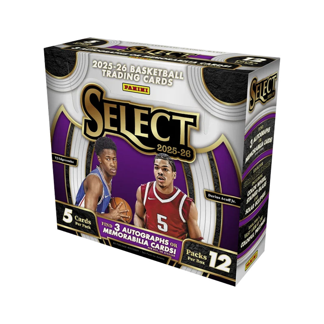 Experience the thrill of opening a 2025-26 Panini Select Basketball Hobby Box, featuring premium trading cards of today's NBA stars. Each box includes multiple packs with exclusive inserts, rare autographs, and memorabilia cards. Perfect for collectors and fans seeking high-end basketball cards with stunning design and exceptional card stock quality. Build your collection with cards from the latest season.