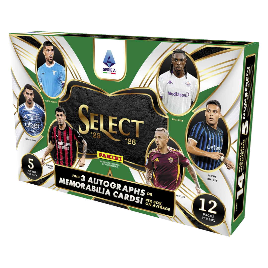 Pull premium trading cards from the 2025-26 Panini Select Serie A Soccer Hobby Box. Each box delivers sealed packs packed with autographs, memorabilia, and rare parallel cards featuring top Serie A players. Perfect for collectors seeking authentic Italian football cards with chase hits and limited-edition inserts. Build your collection with every pack.