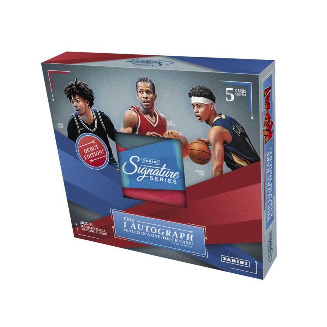 Collect premium autographed cards from the 2025-26 season with Panini Signature Series Basketball Hobby Box. Each box delivers multiple packs packed with on-card signatures from NBA stars, rare parallels, and exclusive inserts. Perfect for collectors seeking authentic memorabilia and investment-grade cards. Build your collection with one of the most sought-after basketball card products on the market.