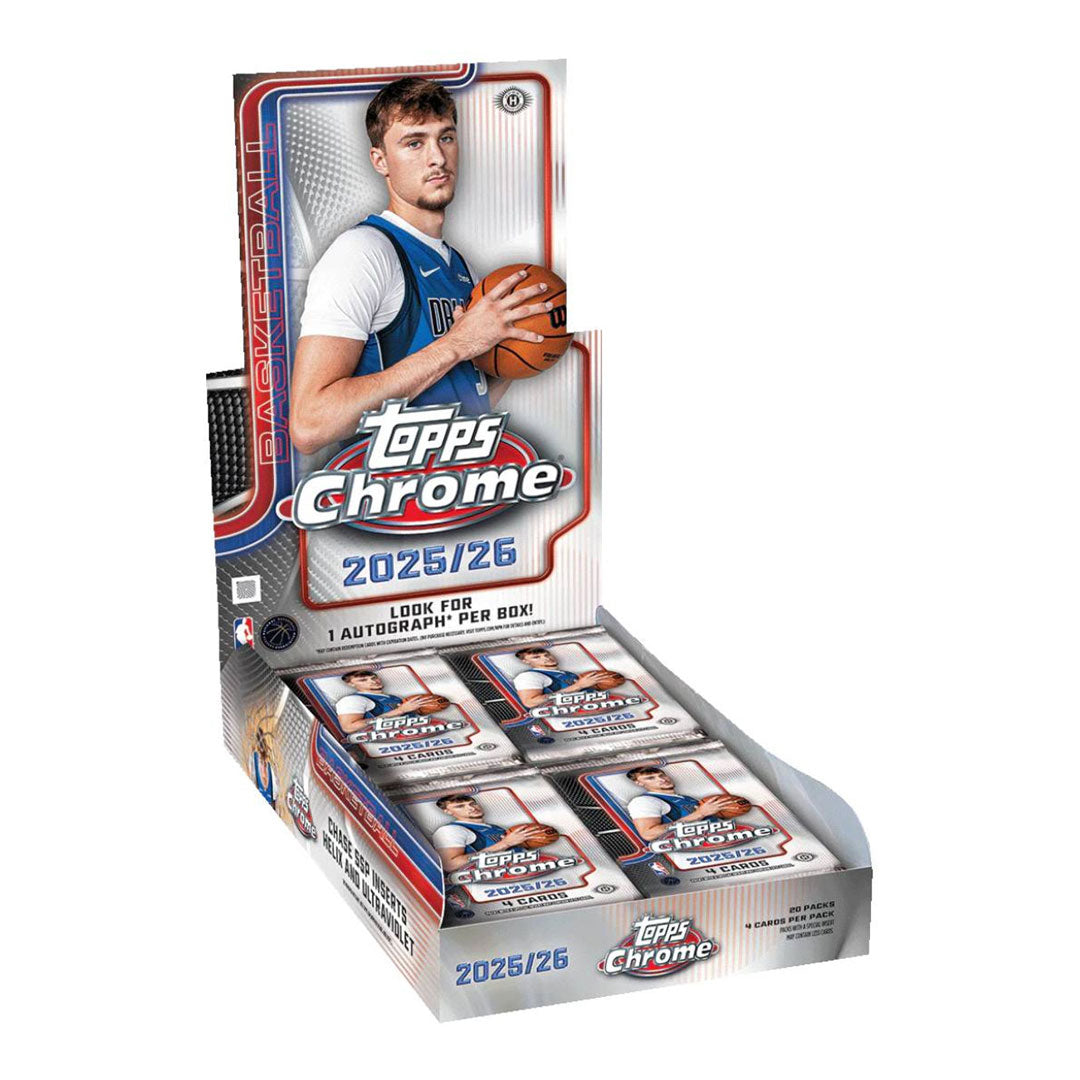 Elevate your basketball card collection with the 2025-26 Topps Chrome Basketball Hobby Box. This premium release features stunning chrome technology that brings vibrant colors and sharp imagery to every card. Each box delivers multiple packs packed with rookie cards, autographs, and rare parallels from today's hottest NBA talent. Whether you're a serious collector or looking to start your journey, Topps Chrome offers the quality and excitement that makes every pull memorable. Secure your box today and chase