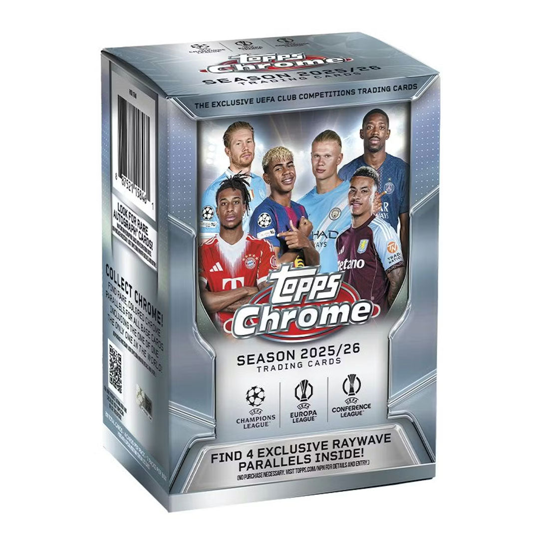 Collect the biggest stars of European club soccer with the 2025-26 Topps Chrome UEFA Club Competitions Soccer Blaster Box. Each box delivers premium chrome cards featuring elite players from top UEFA competitions. Pull rare parallels, autographs, and exclusive inserts showcasing the world's best clubs and athletes. Perfect for collectors and fans building their soccer card collection.
